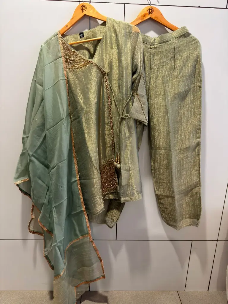 Pista Green Glass Tissue Angrakha Co-Ord Set