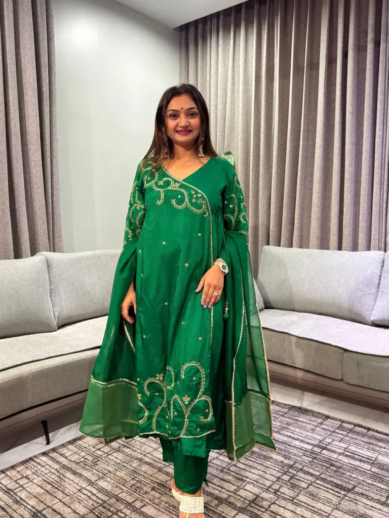 Emerald Green Dola Silk Angrakha Co-Ord Set