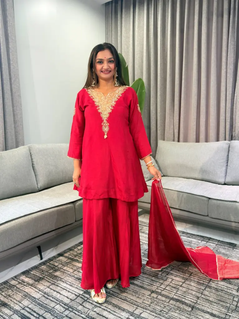 Crimson Red Dola Silk Heavy Embroidered Neck Co-Ord Set