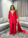 Crimson Red Dola Silk Heavy Embroidered Neck Co-Ord Set