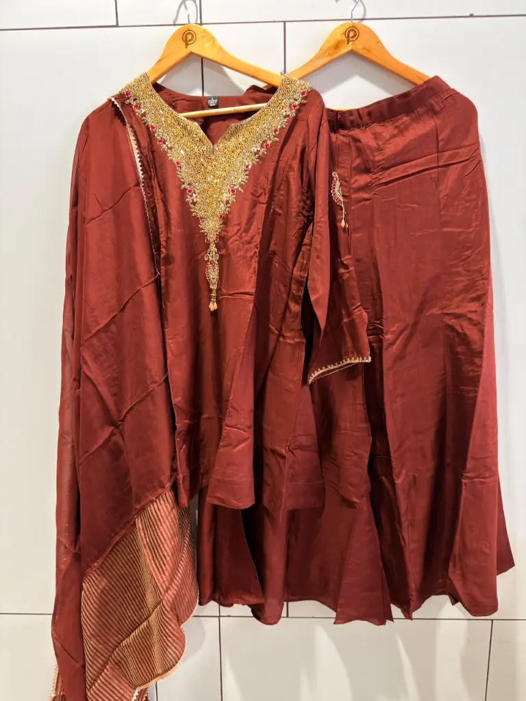 Chocolate Brown Dola Silk Heavy Embroidered Neck Co-Ord Set