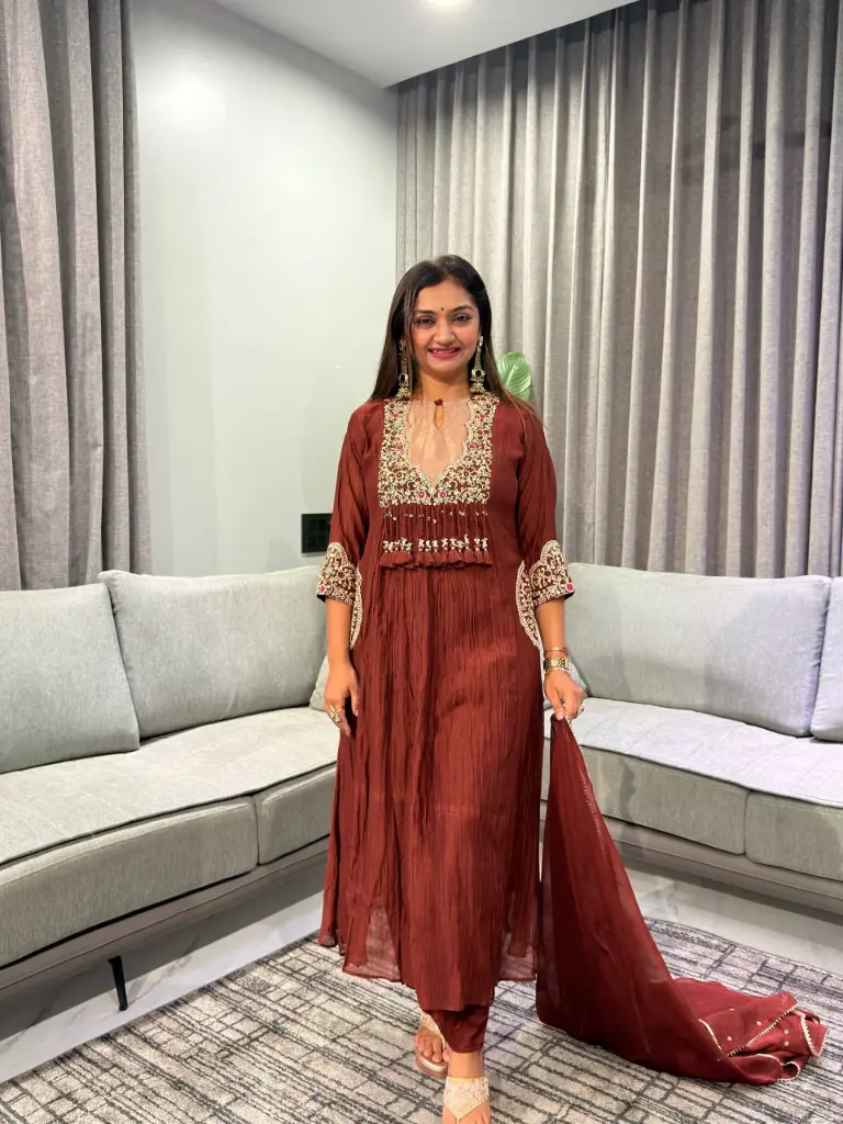 Chocolate Brown Dola Silk Pearl & Embroidered Neck Kurta Set