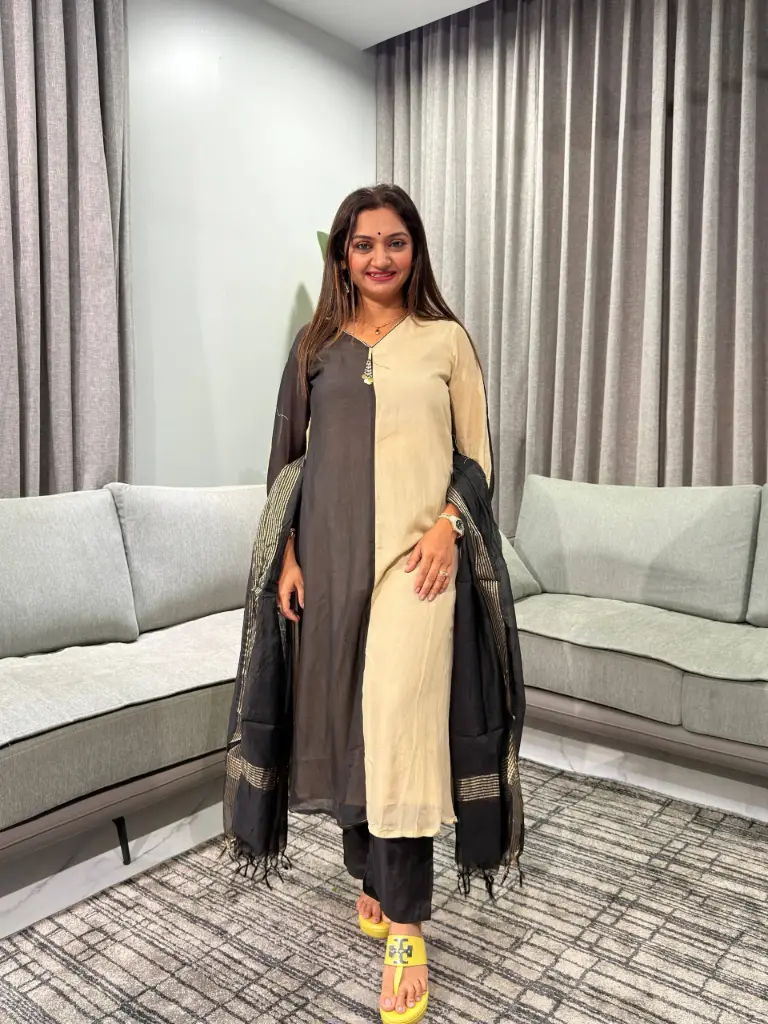 Black & Beige Mull Cotton Color-Blocked Kurta Set