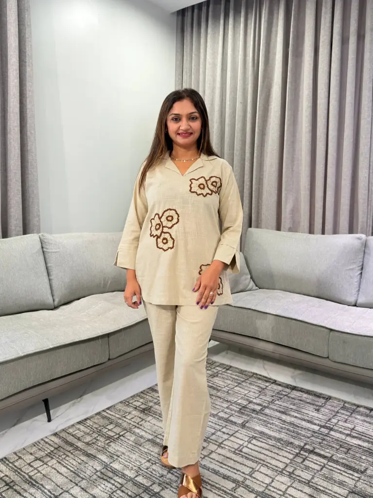 Beige Flex Cotton Embroidered Notch Collar Co-Ord Set