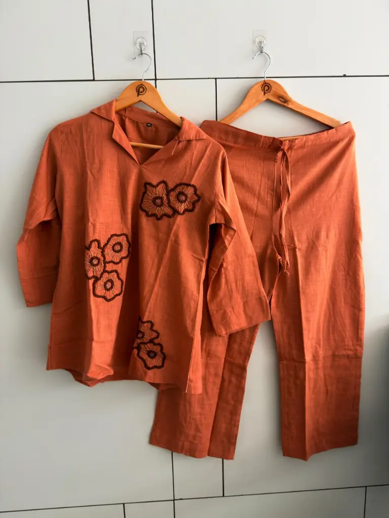 Rust Orange Flex Cotton Embroidered Notch Collar Co-Ord Set