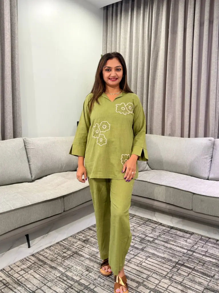 Olive Green Flex Cotton Embroidered Notch Collar Co-Ord Set