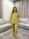 Olive Green Flex Cotton Embroidered Notch Collar Co-Ord Set