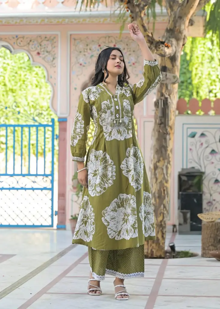 Mahendi Green Cotton Two Piece Kurta Set