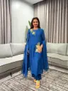 Royal Blue Mull Chanderi Floral French Knot Kurta Set