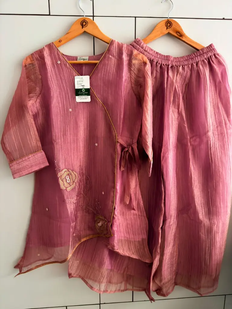 Rosy Mauve Glass Tissue Embroidered Kurta Palazzo Co-Ord Set