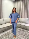 Slate Blue Cotton Embroidered Puff Sleeve Co-Ord Set