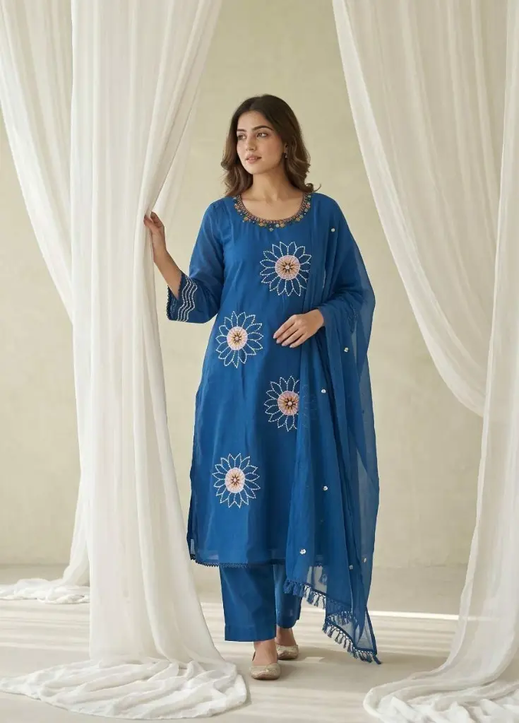 Teal Blue Mull Chanderi Floral Motif Kurta Set