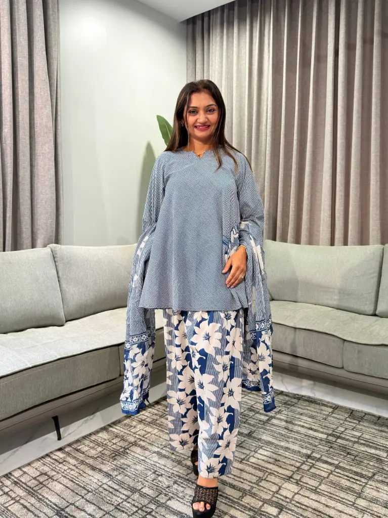Blue Striped Cotton A-Line Co-Ord Set