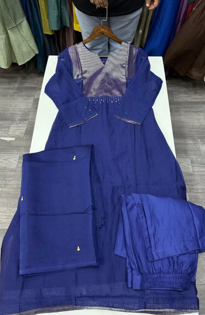 Royal Blue Banarasi Mull Chanderi Zari Yoke Kurta Set