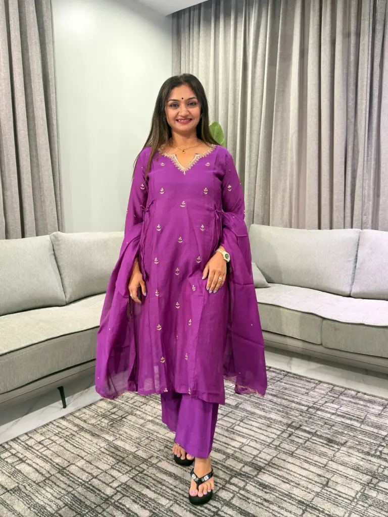 Purple Banarasi Mull Chanderi Embroidered Neck Kurta Set