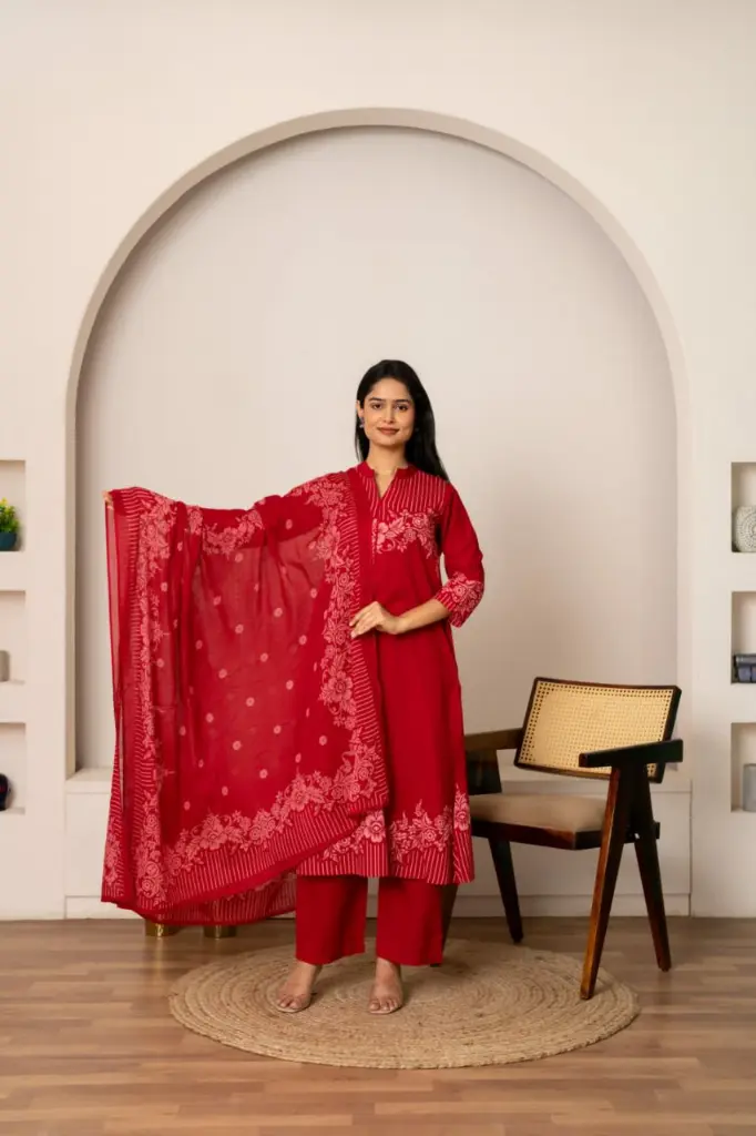 Crimson Red Cotton Floral & Striped Printed Kurta Set
