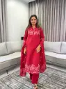 Crimson Red Cotton Floral & Striped Printed Kurta Set