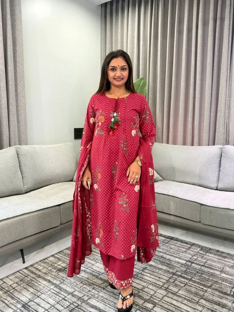 Maroon Floral Print Cotton Kurta Set with Tassels