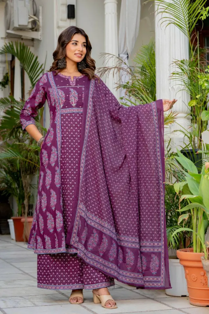 Purple Floral Print Cotton Kalidar Kurta Set