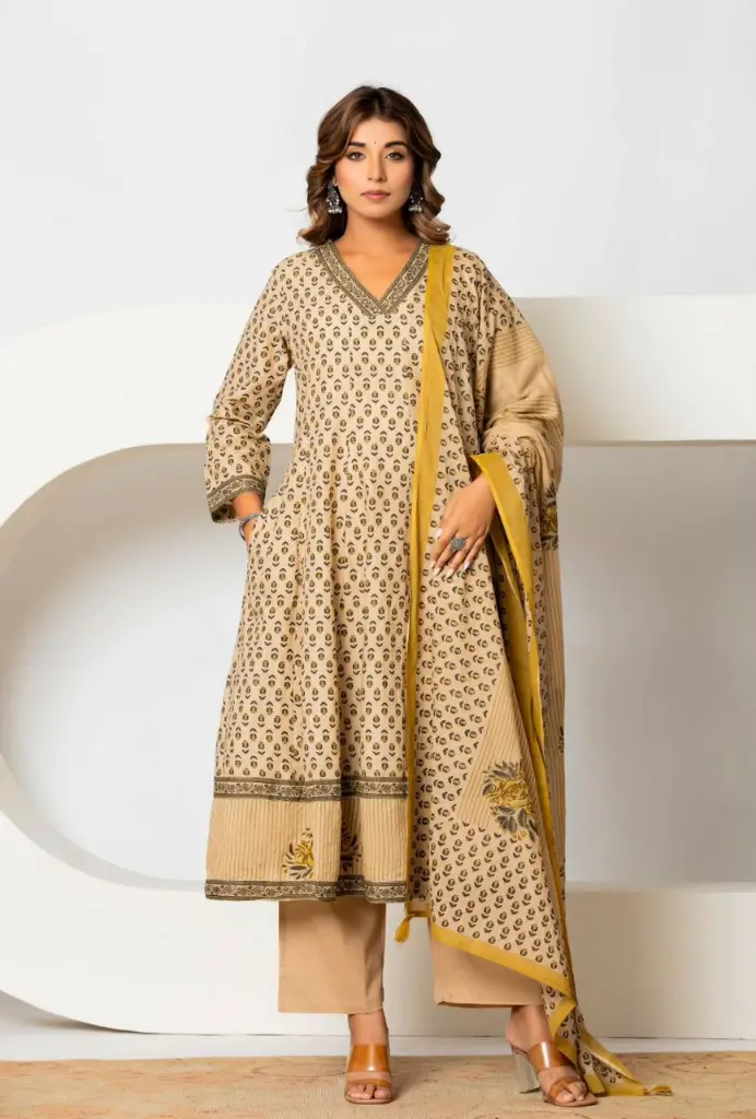 Beige & Mustard Floral Printed Mull Cotton Anarkali Set