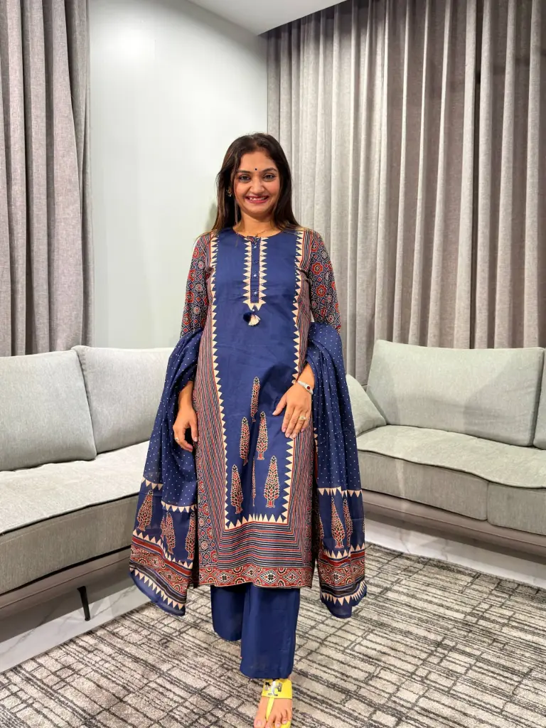 Indigo Navy Blue Ajrakh Printed Mull Cotton Kurta Set