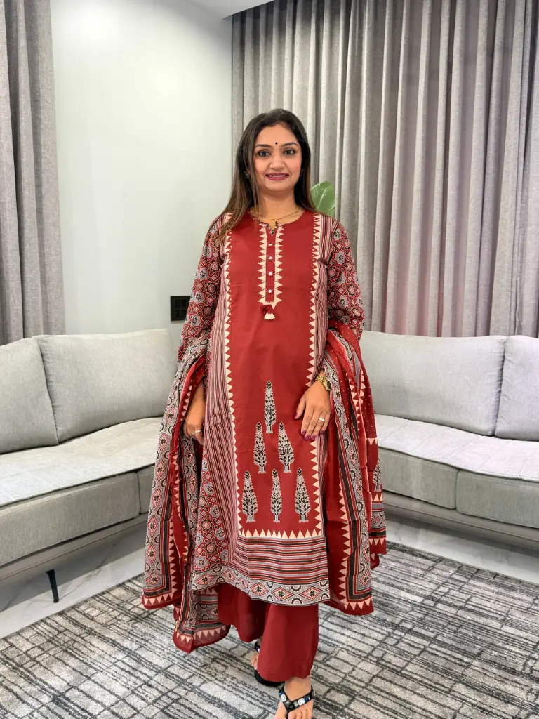 Maroon Red Ajrakh Printed Mull Cotton Kurta Set