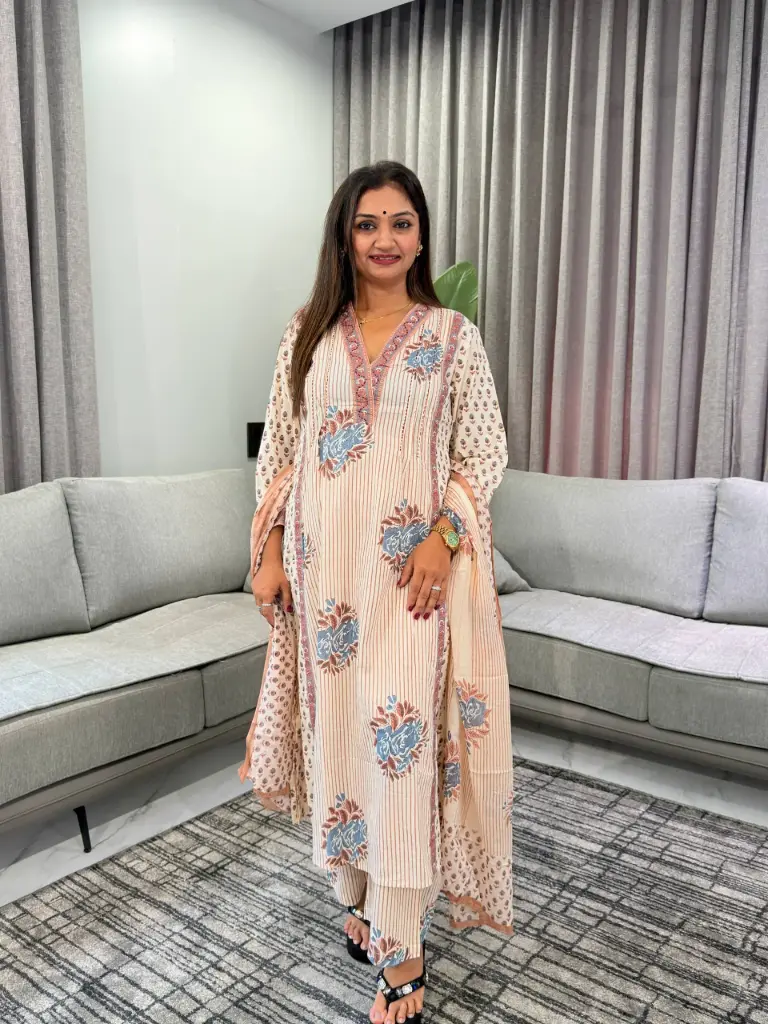 Off-White & Slate Blue Floral Print Mull Cotton Kurta Set