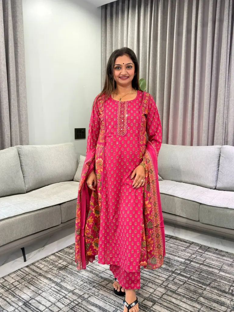 Magenta Pink Floral Printed Mull Cotton Kurta Set