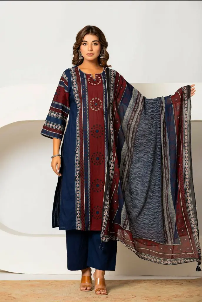 Navy & Maroon Geometric Ajrakh Printed Mull Cotton Kurta Set