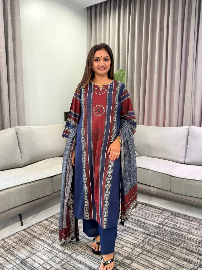 Navy & Maroon Geometric Ajrakh Printed Mull Cotton Kurta Set