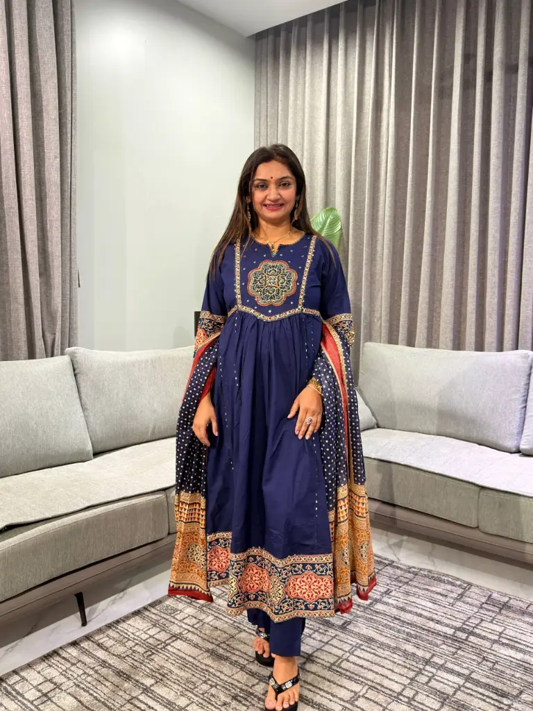 Navy Blue Anarkali Printed Mull Cotton Kurta Set