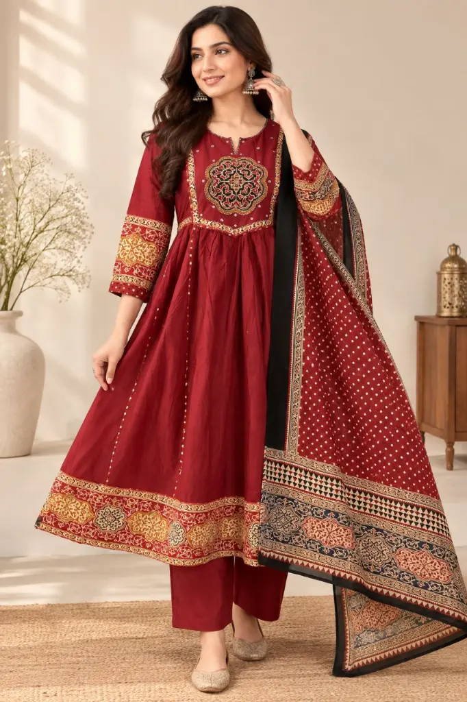Elegant Maroon Floral Yoke Anarkali Suit Set by Pravra Fashion