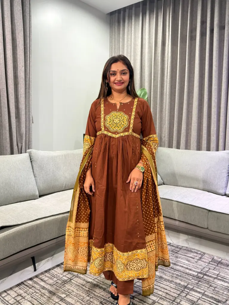 Chocolate Brown Anarkali Pure Mull Cotton Kurta Set with Bandhani Dupatta
