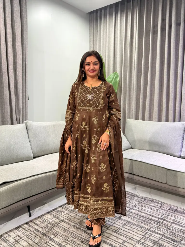 Dark Coffee Brown Printed Pure Mull Cotton Flared Anarkali Kurta Set
