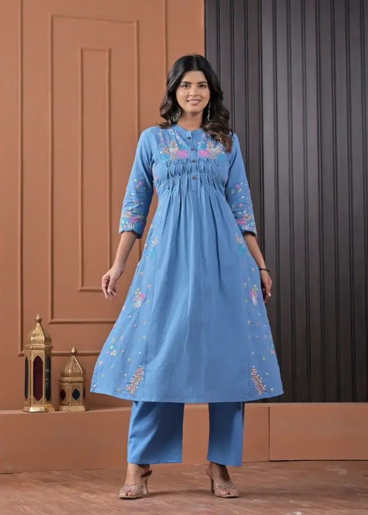Powder Blue Floral Embroidered Pure Soft Flex Cotton Flared Kurta Set