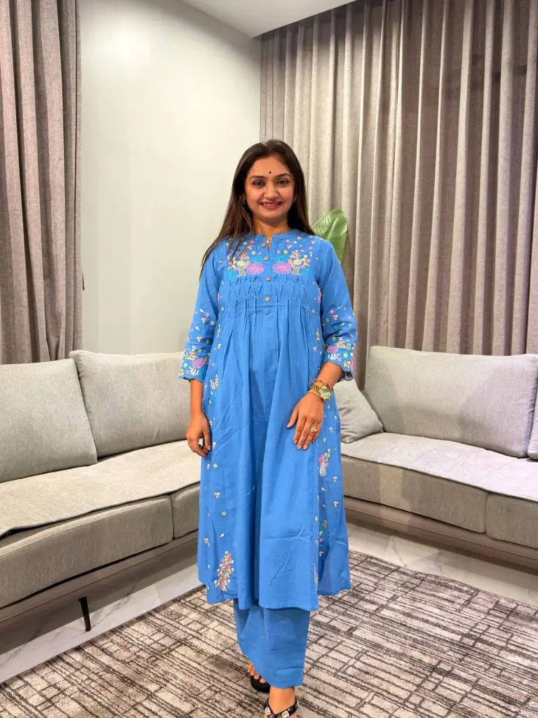Powder Blue Floral Embroidered Pure Soft Flex Cotton Flared Kurta Set