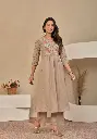 Beige Floral Embroidered Pure Soft Flex Cotton Flared Kurta Set