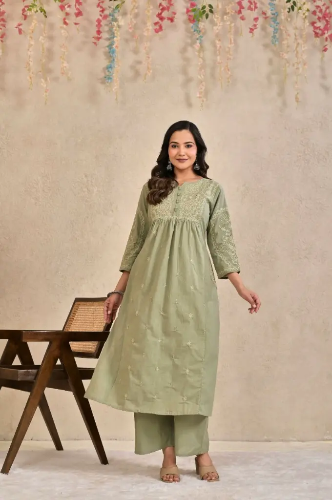Sage Green Chikankari Embroidered Pure Cotton Flared Kurta Set
