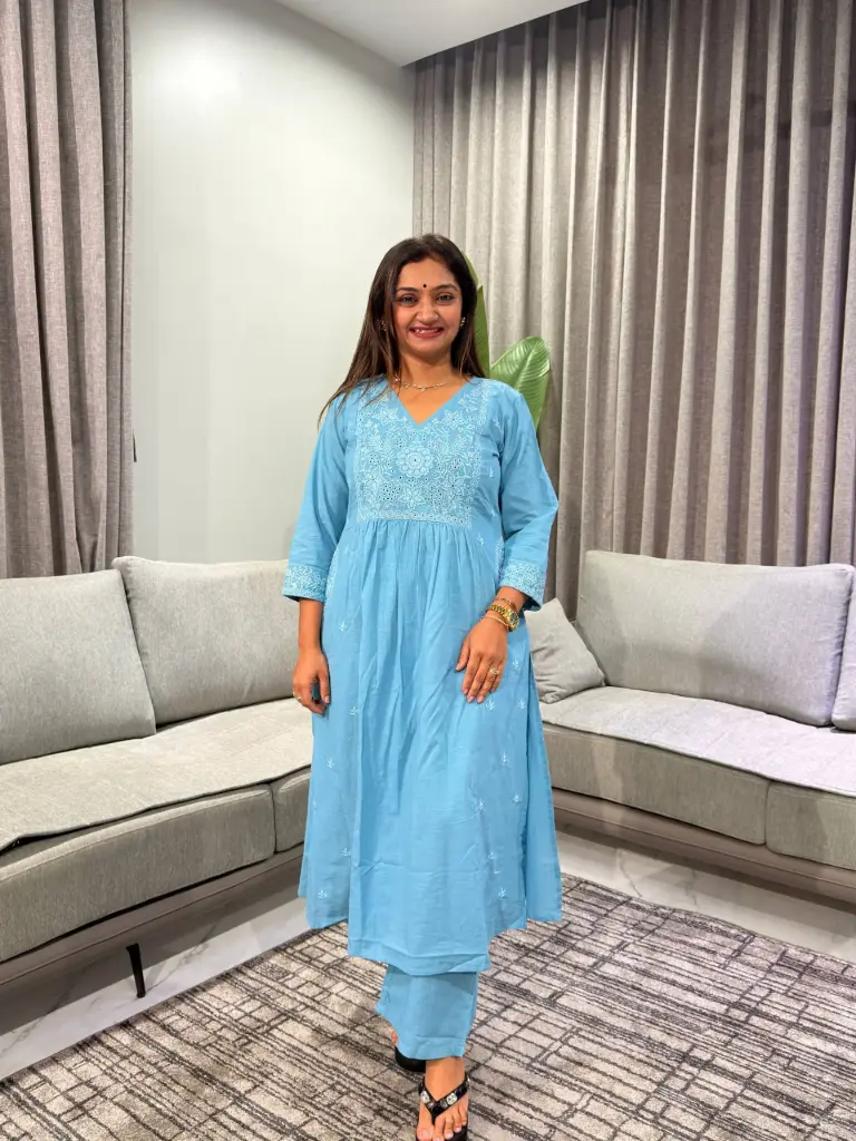 Sky Blue Chikankari Embroidered Pure Cotton Flared Kurta Set