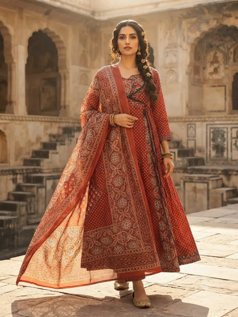 Brick Red Ajrakh Printed Mull Cotton Angrakha Kurta Set