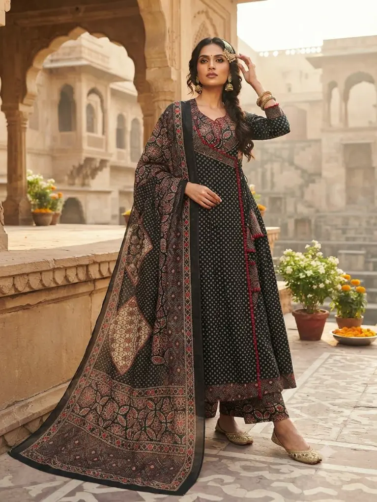 Black Ajrakh Printed Pure Mull Cotton Angrakha Kurta Set