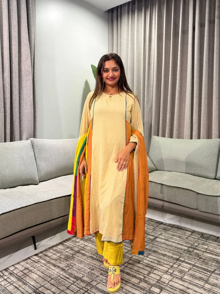 Beige & Multi Color-Blocked Pure Banarasi Mull Chanderi Kalidar Kurta Set