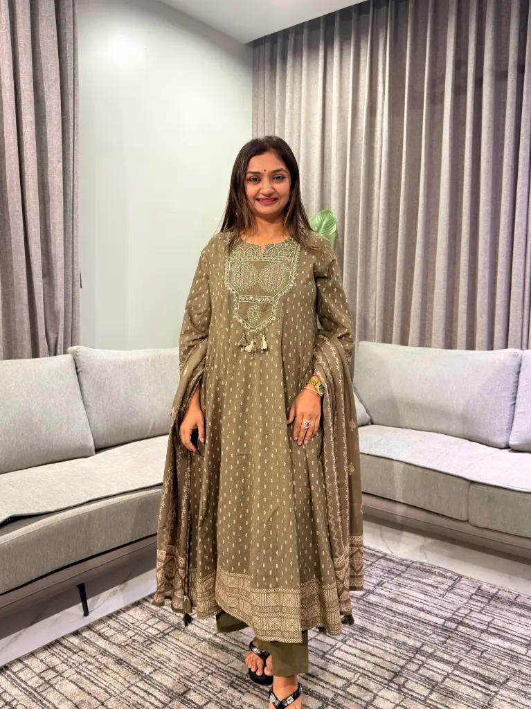 Olive Green Embroidered Yoke Mull Cotton Kurta Set