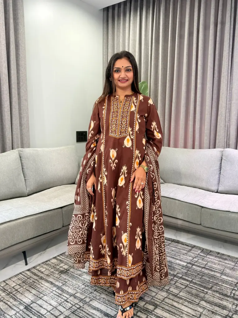 Chocolate Brown Ikat & Batik Printed Mull Cotton Kurta Set