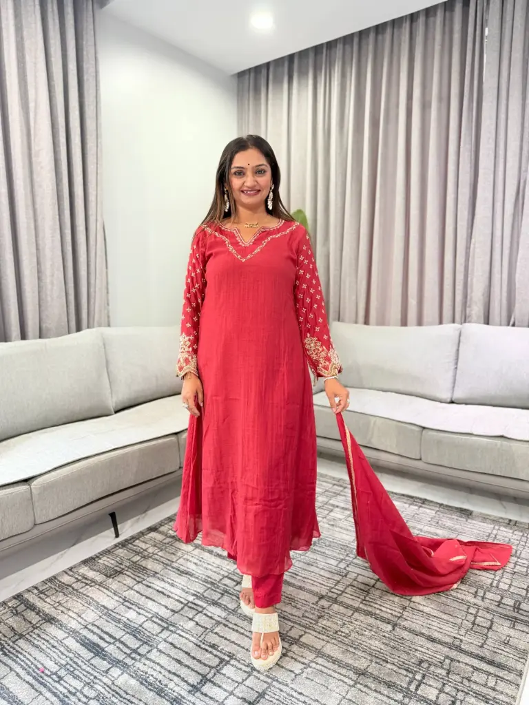Crimson Red Hand-Embroidered Banarasi Mull Chanderi Anarkali Set