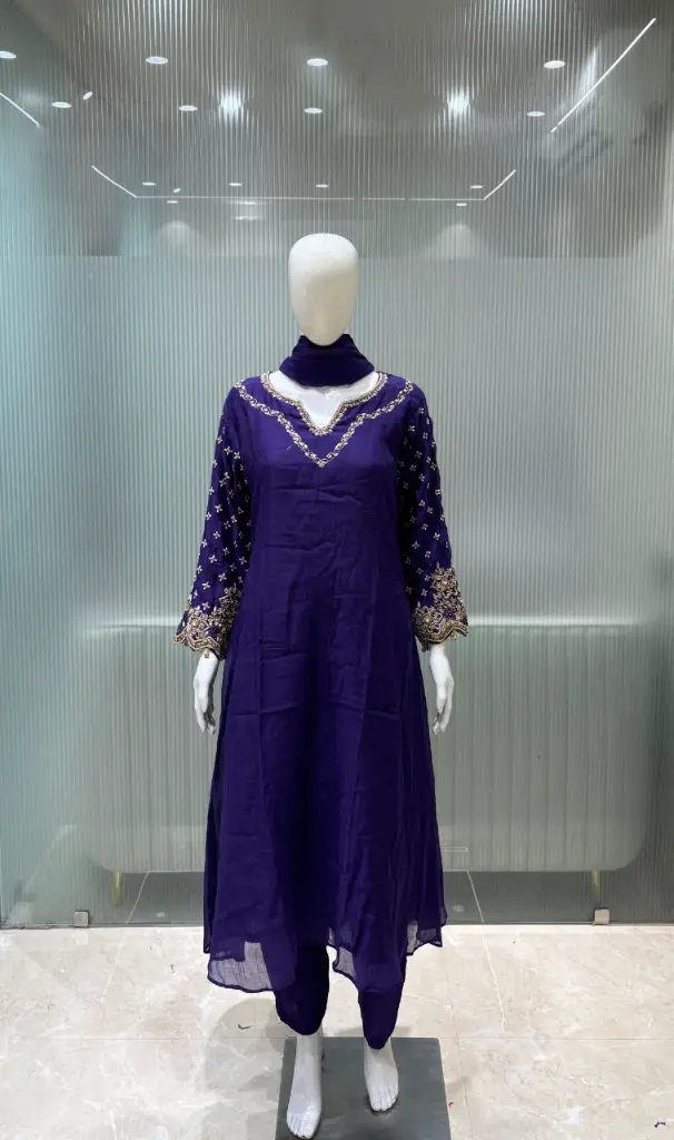 Royal Purple Hand-Worked Banarasi Mull Chanderi Suit