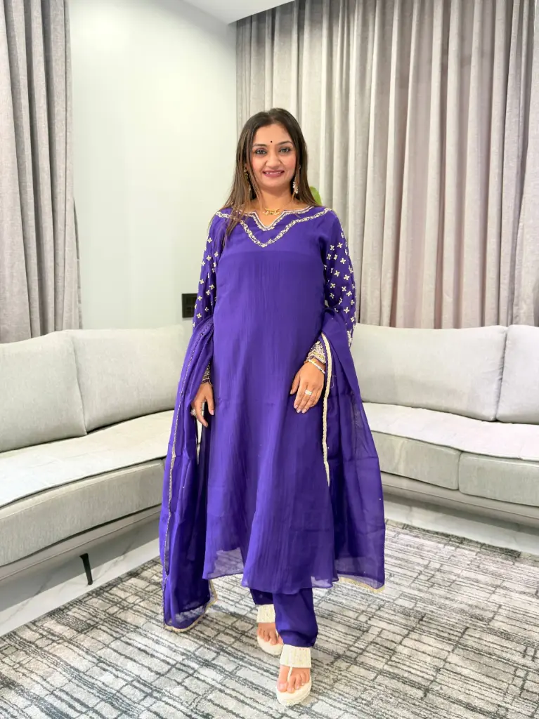 Royal Purple Hand-Worked Banarasi Mull Chanderi Suit