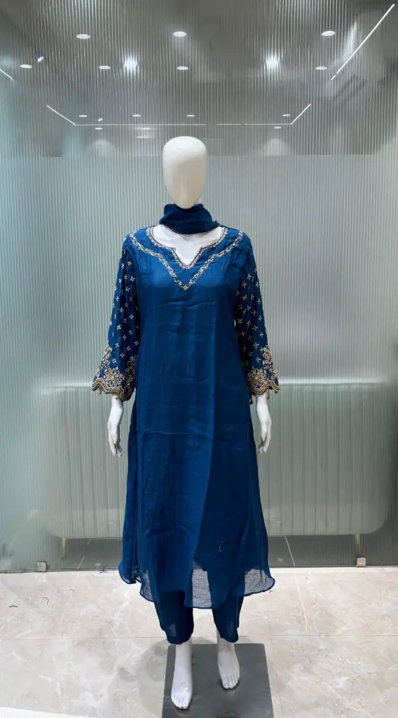 Peacock Blue Hand-Worked Banarasi Mull Chanderi Suit