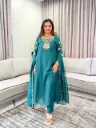 Teal Green Hand-Worked Russian Silk Kurta Set