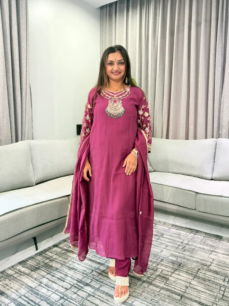Deep Wine Hand-Worked Russian Silk Kurta Set